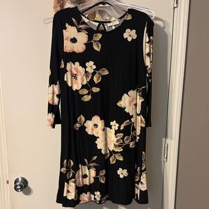 Bobbie Brooks Black Long-Sleeve Floral Swing Dress with Cream & Blush Flowers